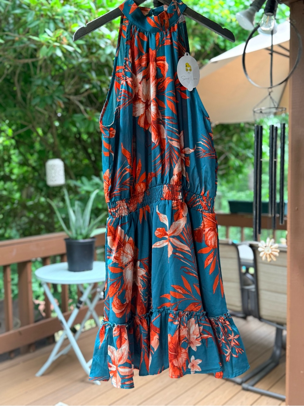 High-Neck Teal Floral Mini Dress with Smocked Waist - Picture 5 of 12